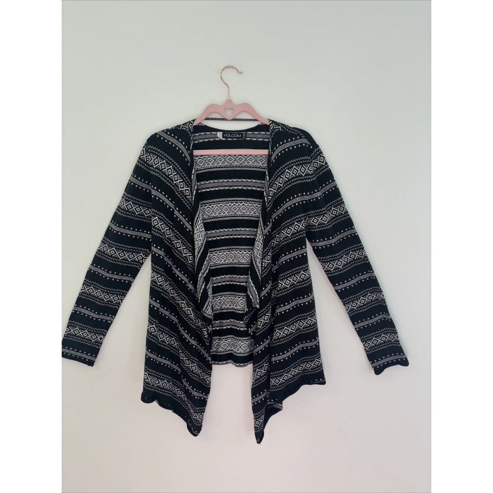 Volcom Womens Black White Geometric Tribal Open Front Waterfall Cardigan XS S